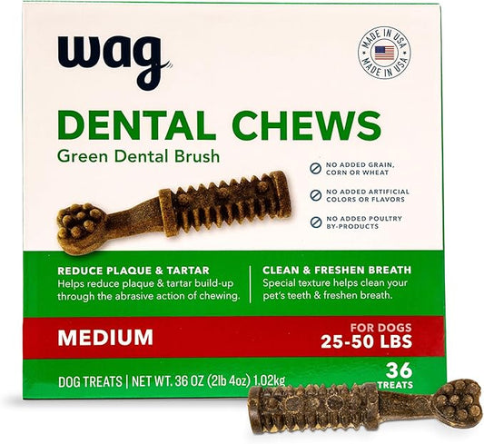 Amazon Brand - Wag Dental Dog Treats to Help Clean Teeth & Freshen Breath - Medium, Unflavored, 36 Count (Pack of 1)-PawvioPets