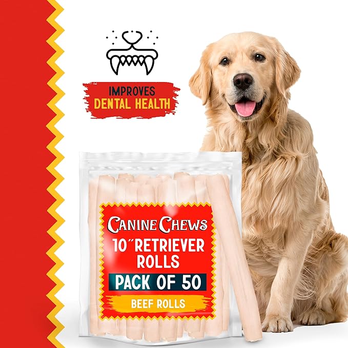Canine Chews 10" Dog Rawhide Retriever Rolls - Rawhide Bones for Large Dogs (50 pk) - Natural Beef Dog Rawhide Chews - Single Ingredient Dog Rawhide Bones - Large Rawhide Bones for Dogs Dental Chew-PawvioPets