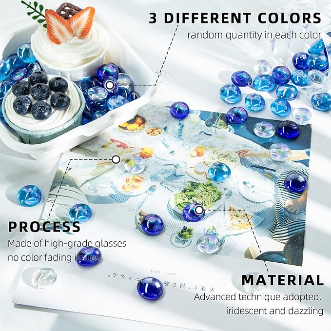 FUTUREPLUSX 1LB Iridescent Flat Glass Marbles, Blue Mixed Glass Beads Vase Fillers Decorative Gem Pebbles Sparkling Floral Fish Tank Rocks for Vases Table Scatter Aquarium Decor DIY Craft-PawvioPets