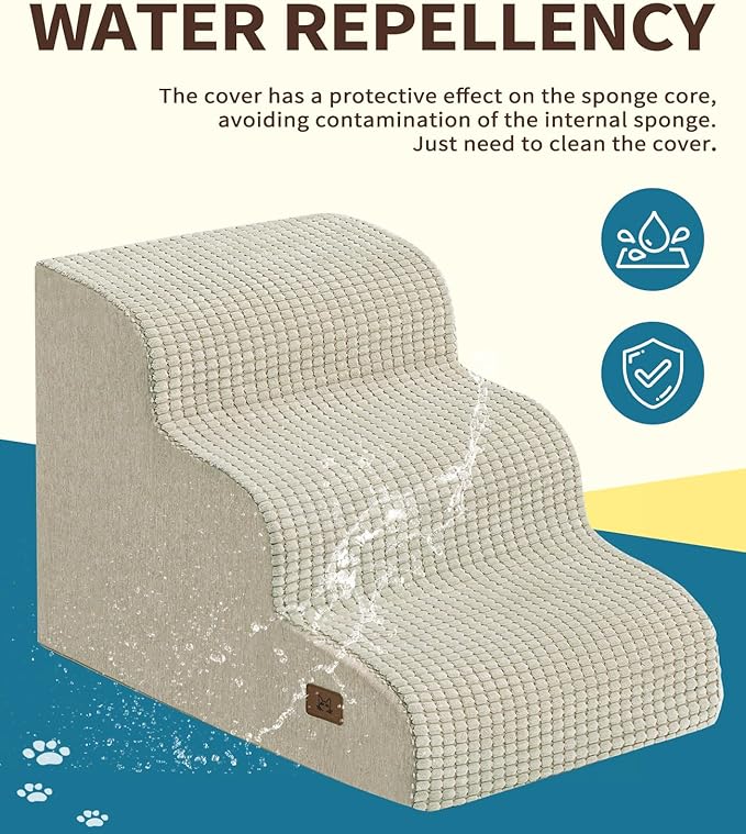 Dog Step for Bed, Dog Stair 3-Step 35D Pet Stair 15.7" H for High Bed or Sofa Non-Slip Balanced Pet Step Indoor, Beige-PawvioPets