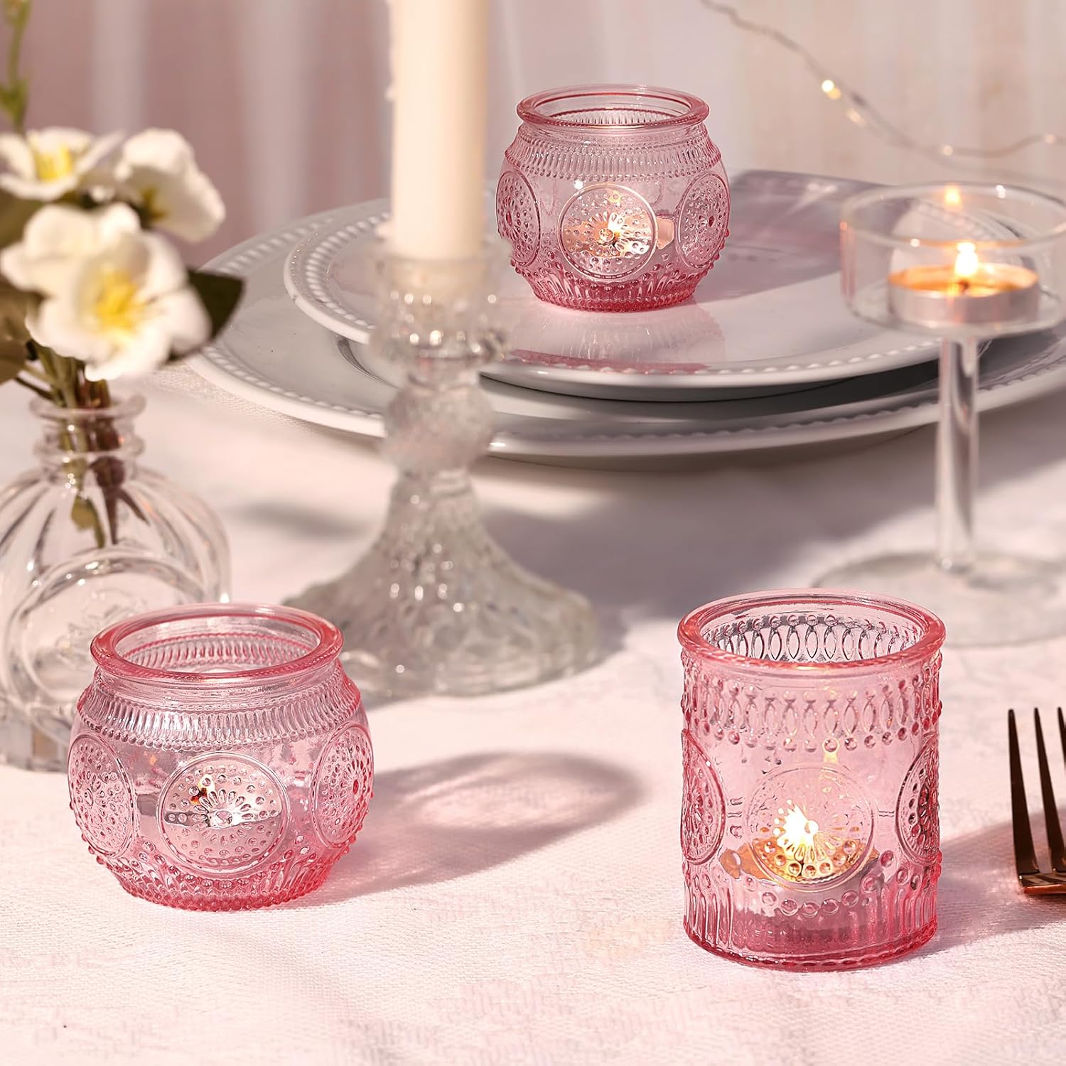 DARJEN 24Pcs Pink Votive Candle Holders- Glass Candle Holders Bulk for Flameless LED Tea Waxes, Romantic Candle Holder for Wedding Decor, Various Parties & Dinner Table