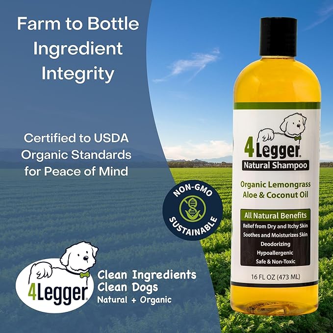 4-Legger Certified Organic Dog Shampoo - All Natural and Hypoallergenic with Aloe and Lemongrass, Soothing for Normal, Dry, Itchy or Allergy Sensitive Skin - Biodegradable - Made in USA - 16 oz-PawvioPets