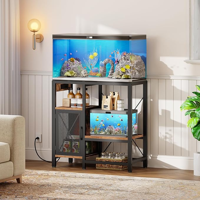20-37 Gallon Fish Tank Stand, Aquarium Stand with Power Outlet and Storage Cabinet, Heavy Duty Tank Stand Suitable for Turtle Tank, Reptile Terrarium, for Home Office, Rustic Brown FTHR40E01-PawvioPets