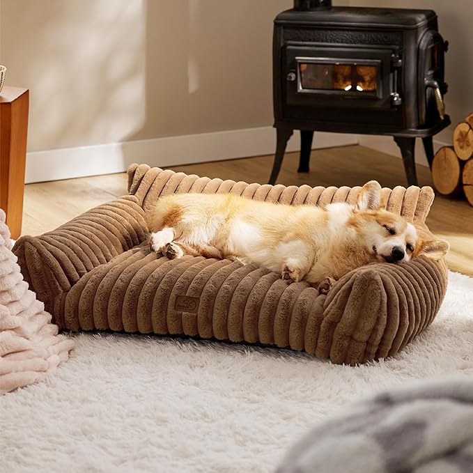 Bedsure Cute Dog Couch for Pets - Fluffy Dog Sofa with Premium Soft Corduroy Fleece, Pet Couch Bed with Washable Cover, Supportive Pet Sofa Bed for Medium Large Dogs, 36in, Copper Brown-PawvioPets