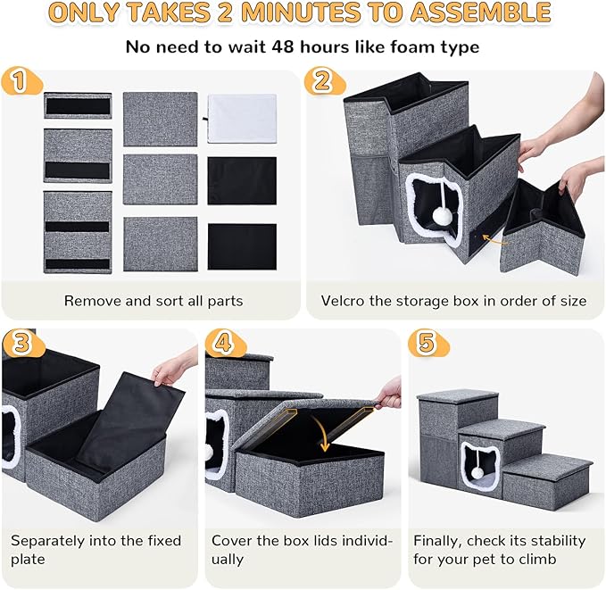 Bilibrara Dog Stairs for Small Dogs, Foldable Pet Steps for High Bed, Non-Slip 3-Step Cat Stairs with Storage, Condo and Fluffy Ball, Small Dog Indoor Ramp for Couch Window, 16'' H-PawvioPets