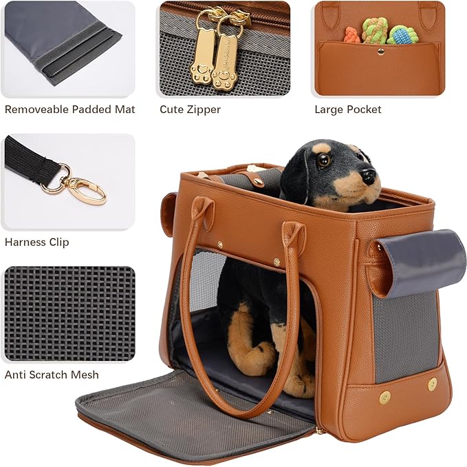 Fashion Pet Carrier Purse for Small Cat and Dog, Luxury Pu Soft-Sided Tote Bag with Large Pockets for Dogs and Puppies (Brown, 15.8" L x 7.5" W x 11.8" H)-PawvioPets