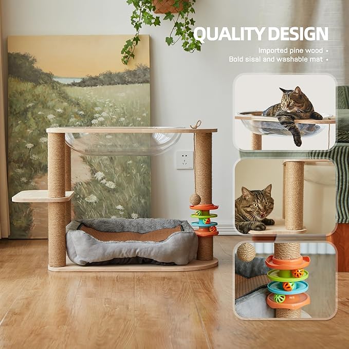 2 Tier Cat Tower,21.85 in cat Perch Wood cat condo with Hammock and Sisal Rope Scratcher Post Hanging Toy Balls for Indoor Large Cats Kittens (Grey)-PawvioPets