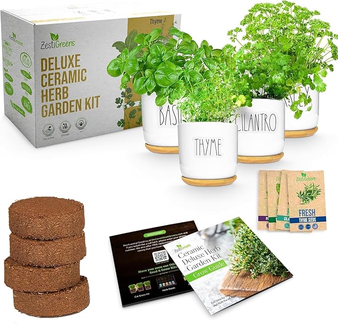 Deluxe Ceramic Indoor Herb Kit 4 Set. Variety Herbs for Indoor & Outdoor – Get Growing with Pots, Potting Soil for Window Herb Garden. (Ceramic Edition)-PawvioPets