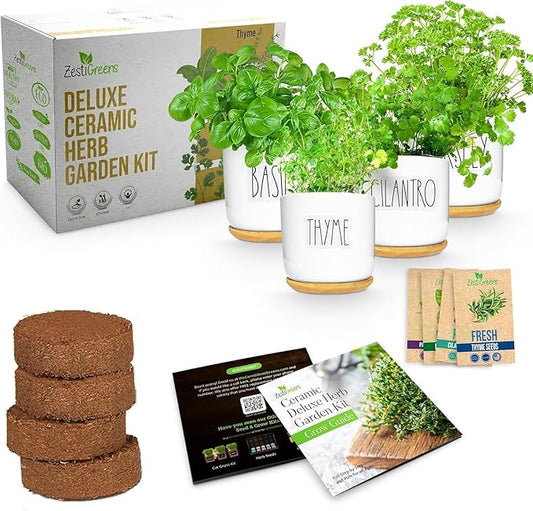 Deluxe Ceramic Indoor Herb Kit 4 Set. Variety Herbs for Indoor & Outdoor – Get Growing with Pots, Potting Soil for Window Herb Garden. (Ceramic Edition)-PawvioPets