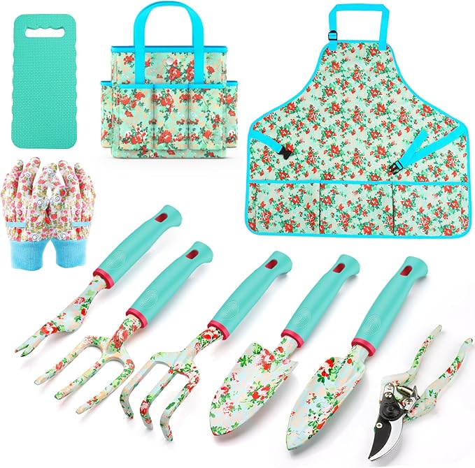 Garden Tools Set WANCHI 10 Piece Heavy Duty Floral Garden Tool Set Gardening Gifts for Women Men Birthday Rust-Proof Aluminum Garden Hand Tools Gardening Kit with Tote Bag Apron Glove-PawvioPets