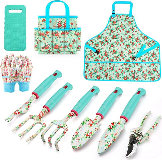 Garden Tools Set WANCHI 10 Piece Heavy Duty Floral Garden Tool Set Gardening Gifts for Women Men Birthday Rust-Proof Aluminum Garden Hand Tools Gardening Kit with Tote Bag Apron Glove-PawvioPets