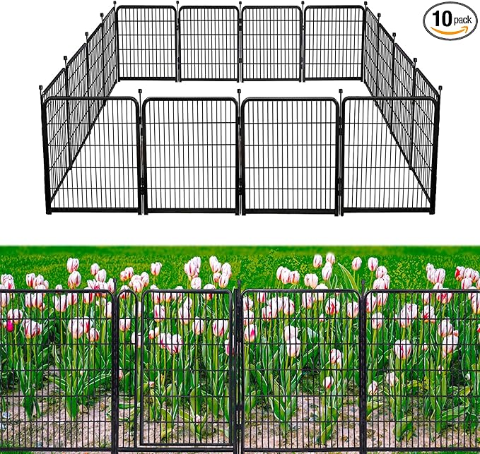 Doorless Dog Digging Fence Barrier,56in(H) 10 Panels Total 22.1 Ft(L), Black Metal Fencing for Yard 4.6ft Tall, Dog Fence Outdoor for Yard, Fences for Garden Beds, Garden Fencing Border-PawvioPets