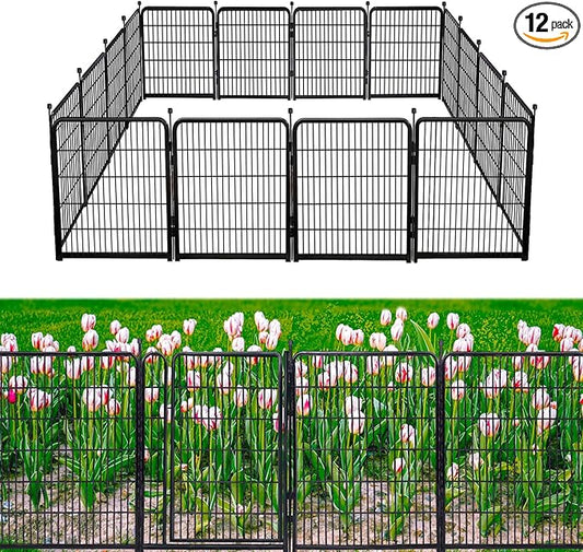 Garden Fencing 48in High No Door, 12 Panels Total 26.6Ft(L) Dog Fence Outdoor for Yard. Black Metal Fencing for Yard 4ft Tall, Flower Bed Fence, Animal Barrier Fences-PawvioPets