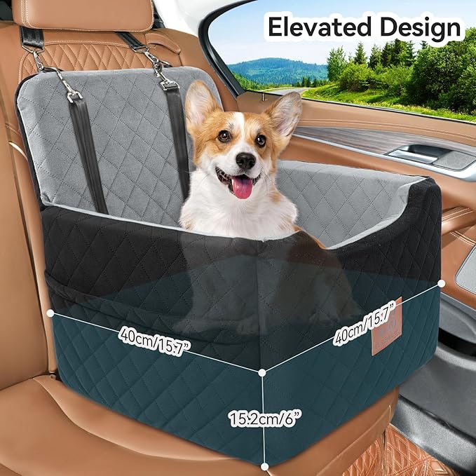 Dog Car Seat for Small/Medium Dogs Under 35lbs,Memory Foam Dog Booster Seats,Detachable and Washable Traval Pet Car Seat, Dogs Bed with 2 Safety Belts(Balck/Grey)-PawvioPets