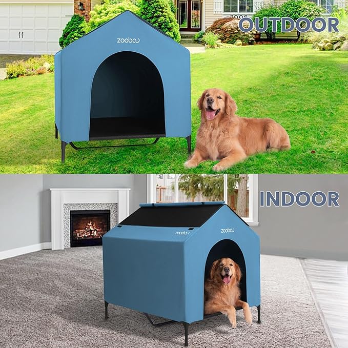 42" 2-in-1 Dog House for Medium Dogs, Elevted Dog House Outdoor/Indoor, Puppy Shelter Outside,Water Resistant 600D PVC and Durable 2x1 Textilene Raised Dog Bed(Blue)-PawvioPets