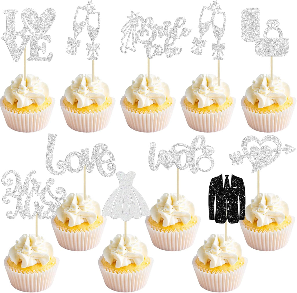 Ephlyn 30Pcs Bride to be Cupcake Toppers Glitter Diamond Ring Love I Do Cupcake Picks for Miss to Mrs Bridal Shower Wedding Engagement Bachelorette Cupcake Decorations Party Supplies Silver