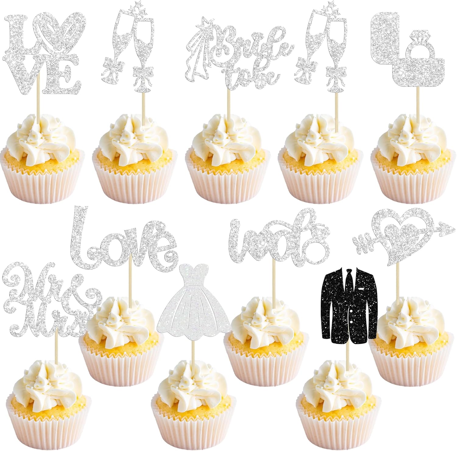 Ephlyn 30Pcs Bride to be Cupcake Toppers Glitter Diamond Ring Love I Do Cupcake Picks for Miss to Mrs Bridal Shower Wedding Engagement Bachelorette Cupcake Decorations Party Supplies Silver