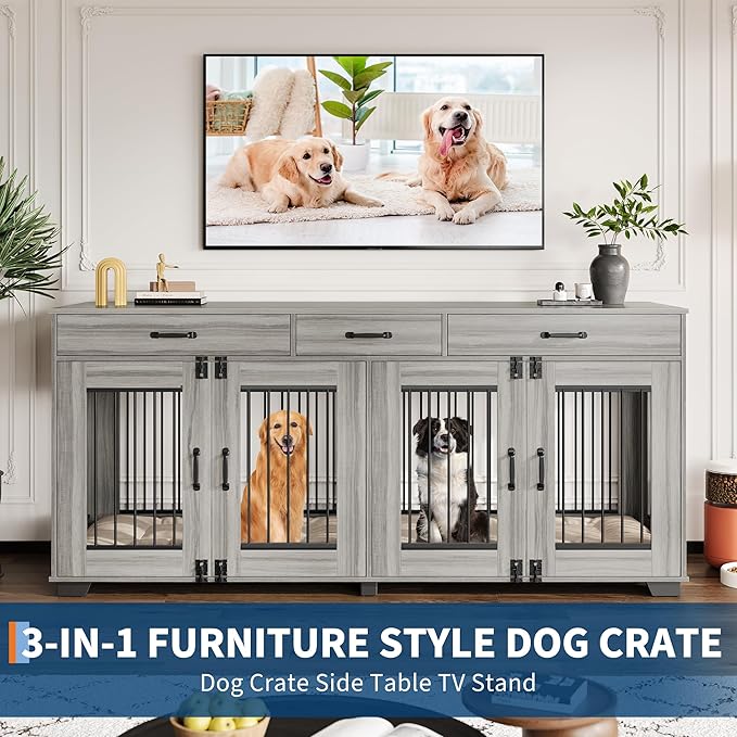 71 Inch Dog Crate Furniture for 2 Rooms, Wooden Double Crate Large Breed with Door, Dog Kennel Indoor, TV Stand End Table with Divider for Large Medium Dogs,Grey-PawvioPets