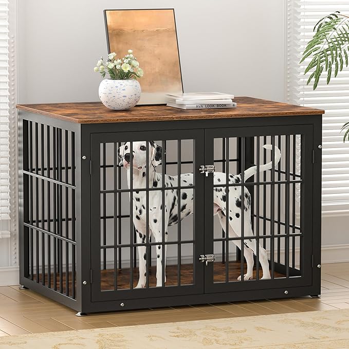 42 Inch Heavy Duty Dog Crate Furniture for Large and Medium Dogs, Decorative Pet House End Table, Wooden Cage Kennel Furniture Indoor, Rustic Brown-PawvioPets