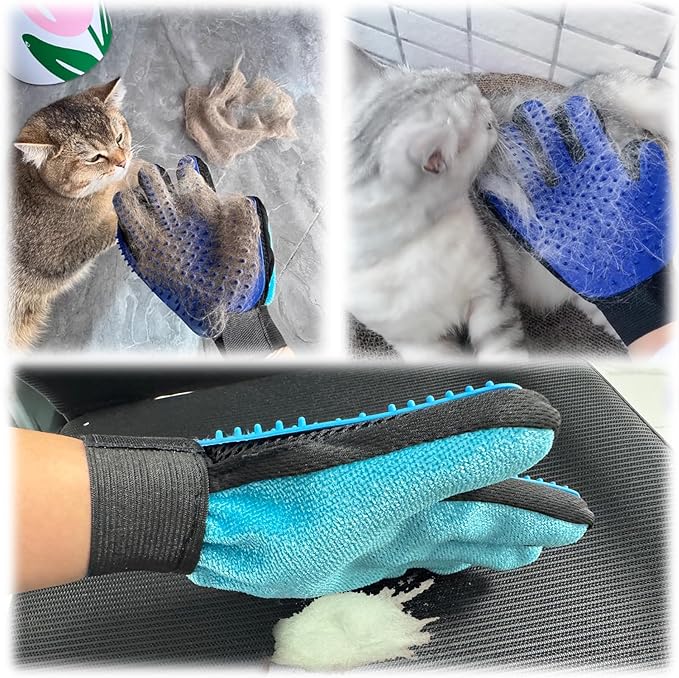 2 in 1 Cat Grooming Glove, Double-Sided Use Pet Hair Remover Glove, 1 Side is Gentle Grooming for Dogs, Cats, the Other is Effective Hair Remover for Furniture, Clothing (Light Blue, Right-Hand)-PawvioPets