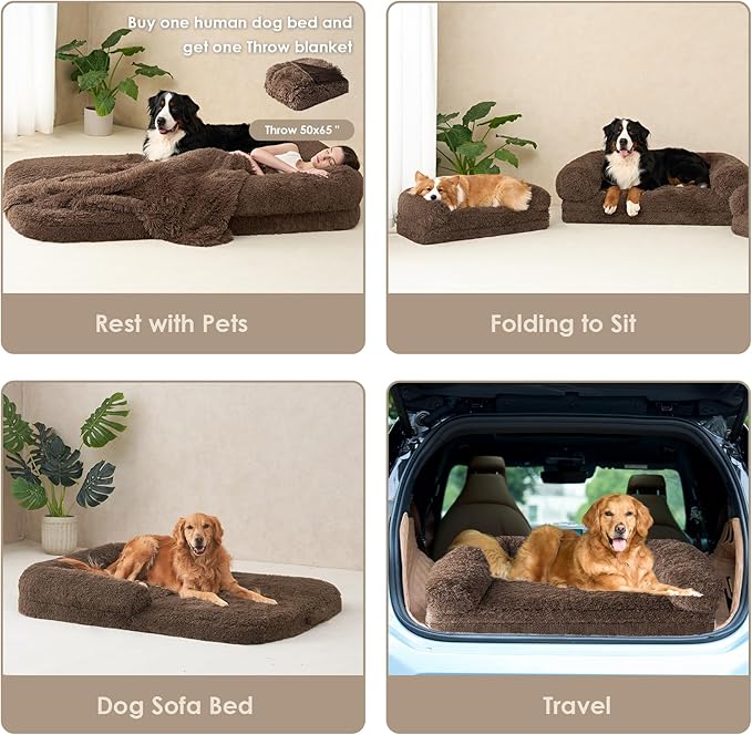 EHEYCIGA Foldable XL Dog Bed, Faux Fur Fluffy Pet Couch Bed for Large Dogs, Orthopedic Calming Memory Foam Big Pet Bed, Washable Soft Pet Sofa Bed with Non-Slip Bottom, Brown, 46"x34"x6.5"-PawvioPets