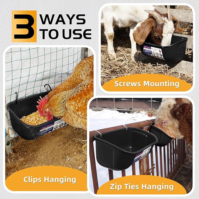 Goovilla Chicken Feeder Waterer, Hanging or Screw-in Fence Feeders with Clips, 2 Pack 5 Quart Goat Feeding Supplies, Duck Piglet Sheeple Coop Dog Livestock Poultry Plastic Feeder Trough Bucket, Black-PawvioPets