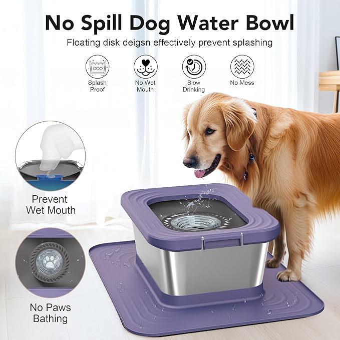 Decflow 10L Stainless Steel Dog Water Bowl, No Spill Anti-Splash Dog Bowls with XXL Silicone Mat, Spill-Proof Slow Feeder for Messy Drinkers, Heavy Duty Pet Bowls for Indoor/Outdoor Use Purple-PawvioPets