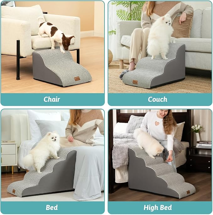 Dog Stairs for Small Dogs 15.7" H, Curved Dog Step for Puppy, Older Cat, Medium Pet Ramp for Sofa, Couch or Chair, Ladder with High Density Foam, 15.7x22.4x15.7 inch, 3 Step, White Black-PawvioPets