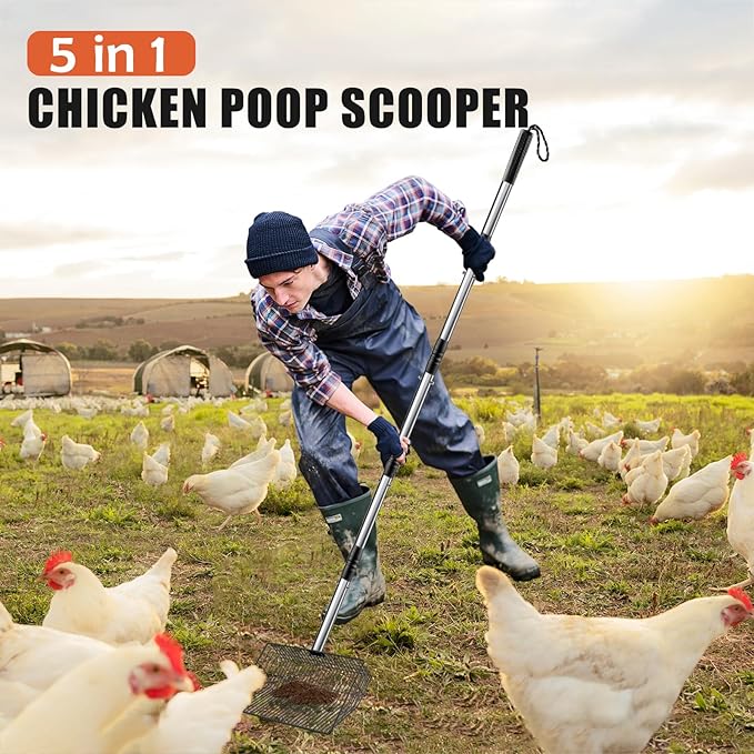 Esmorah 10 Inch Large Metal Chicken Poop Scooper for Sand & Coop Cleaning - Long Sifting Shovel with 24"-68" Adjustable Handle, 5 Lengths Heavy Duty Stainless Steel-PawvioPets