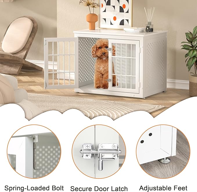 32" Heavy Duty Dog Crate Furniture for Small and Medium Dogs, Metal Kennel for High Anxiety Dogs, Chew Proof Pet Cage Indoor, Decorative Dog Kennel End Table, White-PawvioPets