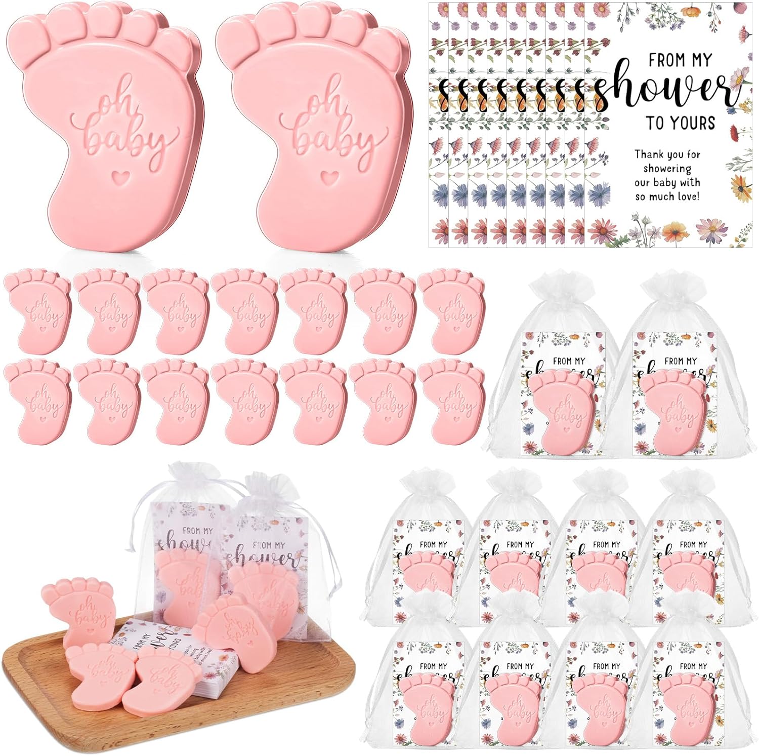 50 Sets Baby Shower Soap Favors for Guests - Mini Handmade Footprint Scented Soap with Thank You Cards and Organza Bag, Party Gifts for Gender Reveal Baptism Shower(Pink)
