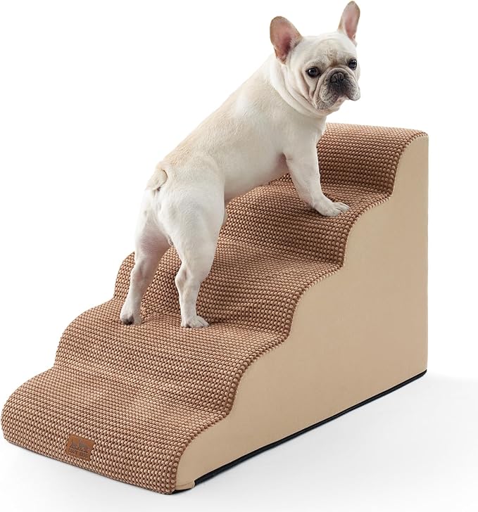 Extra Wide Dog Stairs 19.7" Width, Large Pet Step for Small Medium Dog, Puppy or Cat, Ramp for High Bed or Car, High Density Foam Ladder, Stable, 5 Step, 19.7x33x22.4 inch, Light Brown-PawvioPets