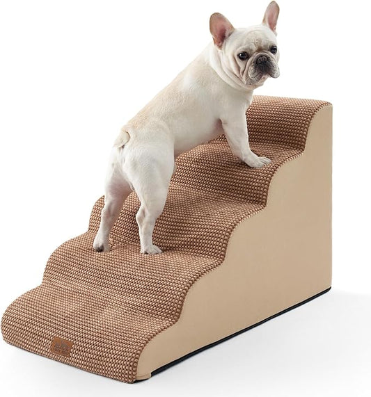 Extra Wide Dog Stairs 19.7" Width, Large Pet Step for Small Medium Dog, Puppy or Cat, Ramp for High Bed or Car, High Density Foam Ladder, Stable, 5 Step, 19.7x33x22.4 inch, Light Brown-PawvioPets