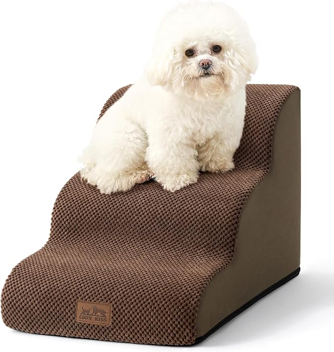 Dog Stairs for Small Dogs 15.7" H, Curved Dog Step for Puppy, Older Cat, Medium Pet Ramp for Sofa, Couch or Chair, Ladder with High Density Foam, 15.7x22.4x15.7 inch, 3 Step, Brown-PawvioPets