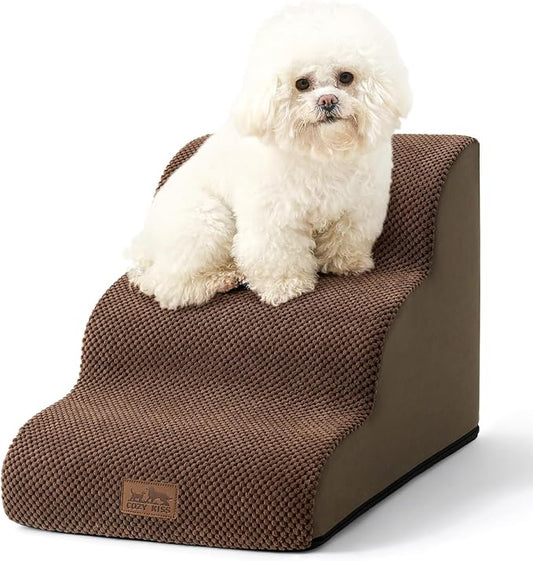 Dog Stairs for Small Dogs 15.7" H, Curved Dog Step for Puppy, Older Cat, Medium Pet Ramp for Sofa, Couch or Chair, Ladder with High Density Foam, 15.7x22.4x15.7 inch, 3 Step, Brown-PawvioPets