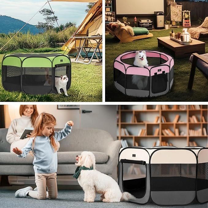 A4Pet Portable Pet Playpen, 49” Pop Up Dog Playpen with Bowl, Suitable for Puppies, Kittens, and Small Animals, Removable Zipper & Mesh Panel(19”W × 12”H)-PawvioPets