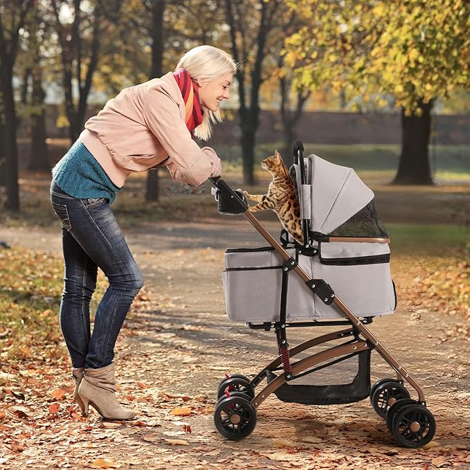 3-in-1 Foldable Pet Stroller for Medium Dogs & Cats (50lbs) - Detachable Carrier, Car Seat, Storage Basket, 5" Lockable Wheels-PawvioPets