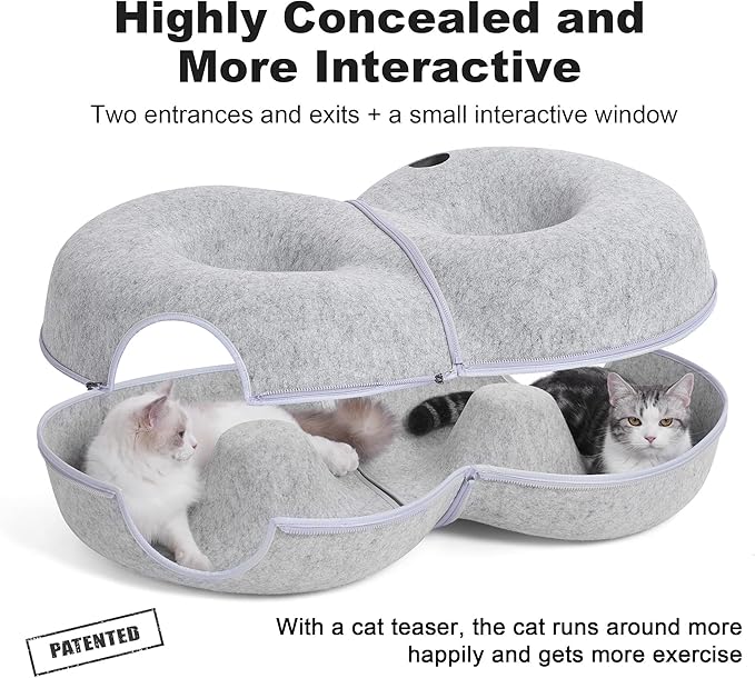 8-Shaped Large Cat Tunnel Bed for Indoor Cats, Infinite Circulation Peekaboo Cat Cave with 12 Toy Balls, Cat Donut Tunnel for Cats up to 30 Pounds (Light Grey, L 38x24x11in)-PawvioPets