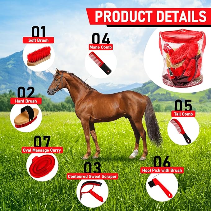 9 Pieces Horse Grooming Kit Tack Room Supplies Set with Organizer Tote Bag, Oval Massage Curry, Hard and Soft Brush, Hoof Pick, Sweat Scraper, Bathing Sponge, Combs for Horse Riders Beginners (Red)-PawvioPets