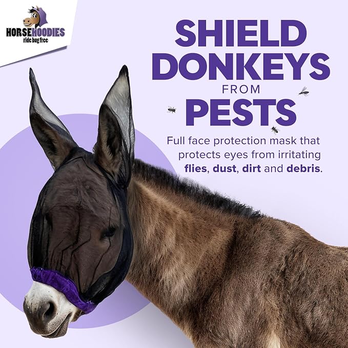 Donkey Fly Mask with Long Ears (Purple) Made in USA - Mule Fly Mask with Ears Protection from Insects and Bugs, Mini Donkey Soft Mesh Fabric with Adjustable Fastener, Face Cover Supplies for Donkeys-PawvioPets