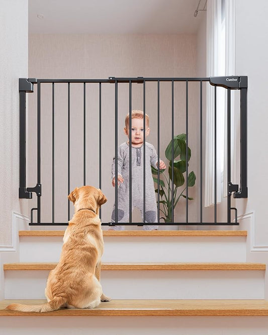 Cumbor 29.2-43" No Bottom Bar Baby Gate for Stairs, 2-in-1 Hardware Mounted Dog Gate Indoor, Wide Pet Gates for Doorway with Large Walk Thru Door, Child-Proof Gate for Top & Bottom of Stairs(Black)-PawvioPets