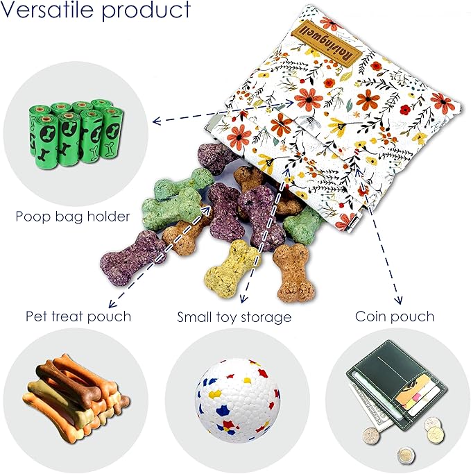 Dog Treat Pouch, Small Cotton Pocket Sized Training Holder, Hand Free Walking Funny Bag with Carabiner, Self-Closing Pet Feed Snack Reward, Behavior Aids for Puppy Travel or Outdoor Use-PawvioPets