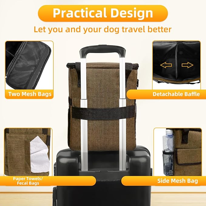 Dog Travel Bag for Camping - Pet Travel Accessories with 2 Collapsible Bowls, 2 Food Containers & Waterproof Feeding Mat - Portable Dog Carrier, Coffee (Small)-PawvioPets