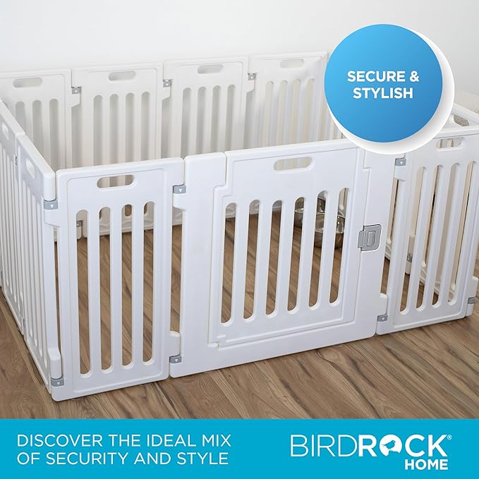 BIRDROCK HOME Pet Playpen with Door | 12 Panel | Strong Plastic | Puppy Safety Fence Pen Playpen | Non-Slip and Secure Dog Gate | White-PawvioPets