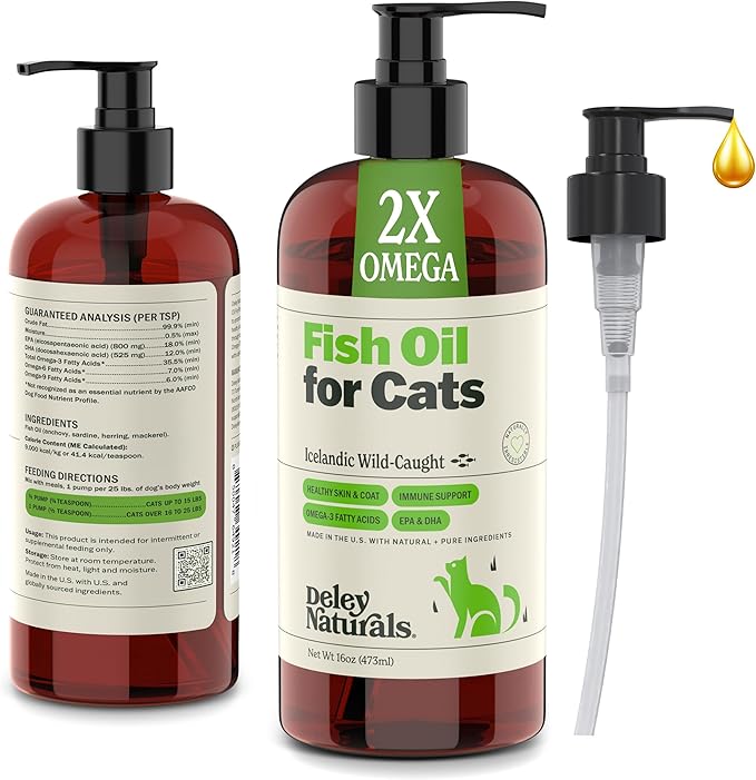 Deley Naturals Wild Caught Fish Oil for Cats with 2X Omega - Cat Fish Oil with Highest EPA & DHA Potency - Omega 3 for Cats for Shedding, Skin, Coat, Joints, Heart and Immune System - Made in The USA-PawvioPets