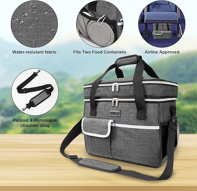 BAGLHER Dog Travel Bag for Supplies - Double-Layer Airline Approved Weekend Pet Travel Organizer Set for Dog and Cat Tote with 2 Pet Food Containers and 2 Collapsible Silicone Bowls Grey-PawvioPets