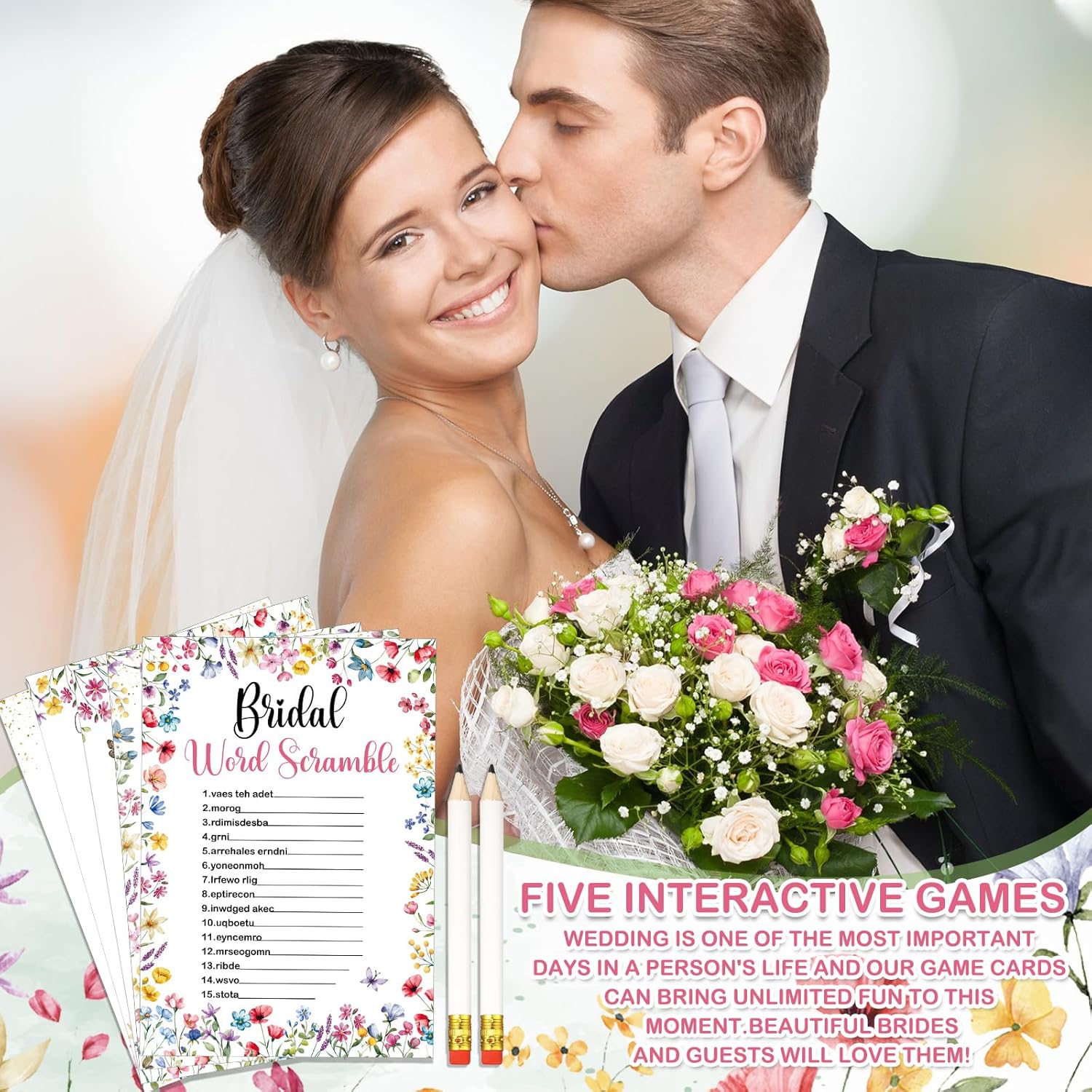 Teling 145 Pieces Bridal Shower Game Bridal Shower Favors Set Wedding Games Cards and Pencils for Bride Groom Bachelorette Party Wedding Party Favor(Wildflower Floral)