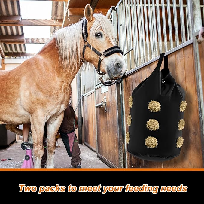 2 Pcs hay Bags for Horses Goats Slow Feed 1680D Oxford Bag Black Large Capacity Net Open Feed Hole Hay Holder for Horse Goats Sheep(15 Holes)-PawvioPets