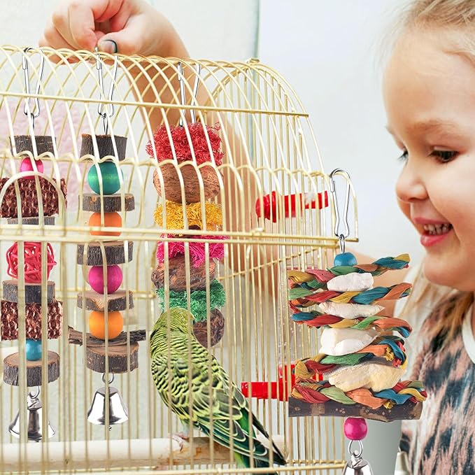 Bissap Bird Chew Toys, 7 Packs Parakeet Natural Wood Toys Parrot Hanging Cage Toy Bird Perch Stand for Small Bird Conure Cockatiel Parrotlet Lovebird Budgie-PawvioPets