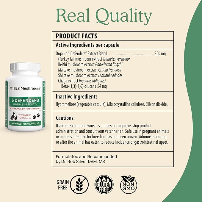 5 Defenders Mushroom Supplement for Cats & Dogs – Chaga, Shiitake, Reishi, Turkey Tail, Maitake – Cat Multivitamin & Dog Supplement for Wellness Support– 90 ct Real Mushrooms Powder Capsules-PawvioPets
